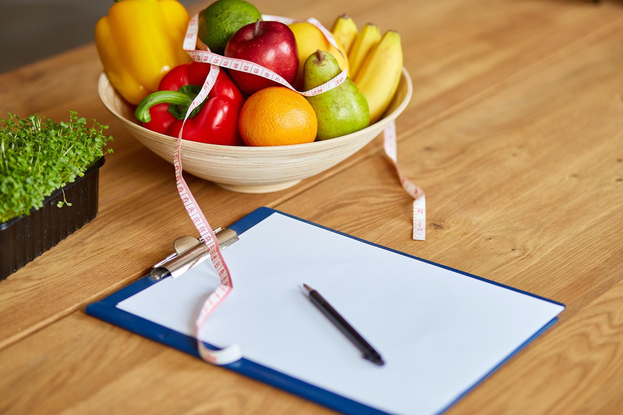 Top view of Nutritionist, dietitian workplace with blank